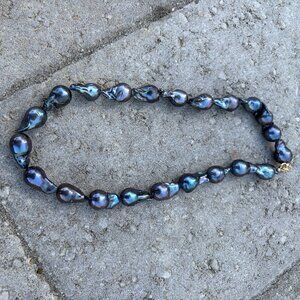 Large, luminous Peacock baroque pearls, iridescent, 15" length, gold-fill clasp